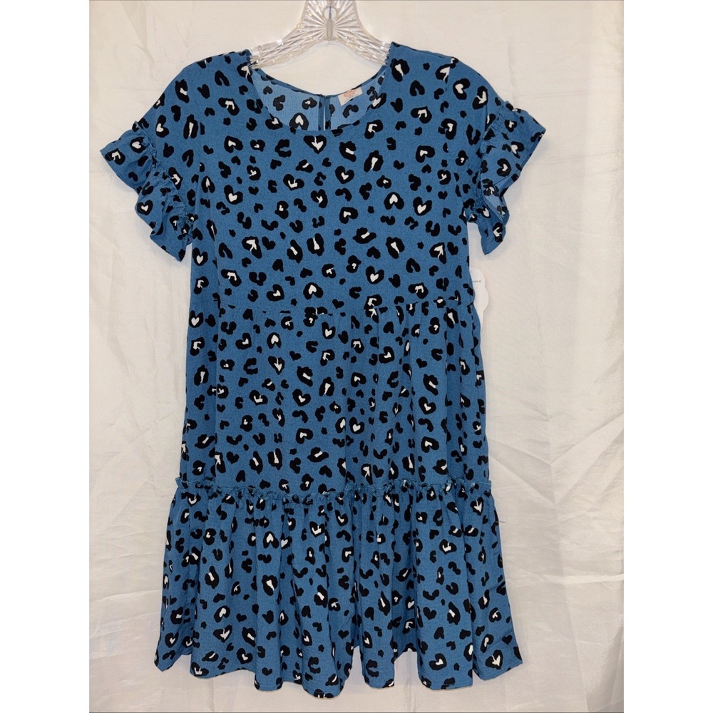 Wonder Nation Girls DARK TEAL BLUE LEOPARD PRINT DRESS Ruffles 10/12 Plus NWT